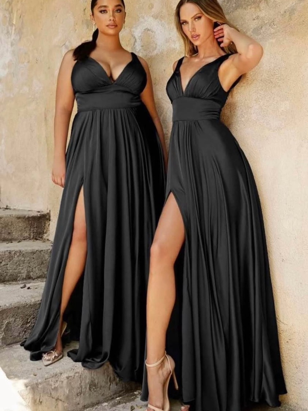 Elegant Black V-Neck Maxi Dress with High Slit